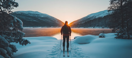 Winter Solo Exploration in Nature s Beauty at Sunrise, A Moment of Reflection and Adventure.の素材