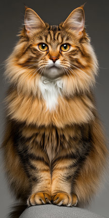 Majestic Norwegian Forest Cat Portrait with Striking Amber Eyes Captured in Studio Lightingの素材