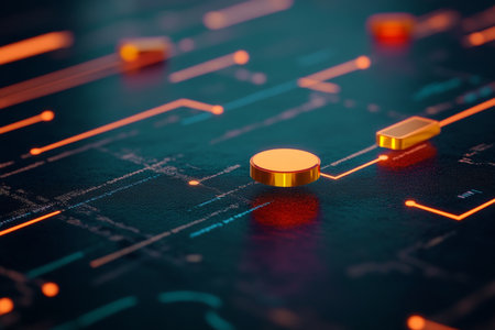 Innovative High-Tech PCB Engineering Concept Featuring Shiny Cyber Micro Technology and Circuitsの素材