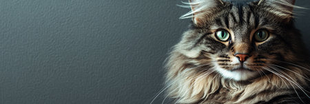 Green Eyed Tabby Cat Staring Intently at the Photographer with a Calm Expression in Studio Settingの素材