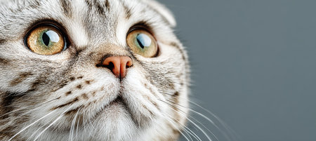Gray Scottish Fold Breed Kitten in Stripped Pattern Design Facing with Whiskers on Blue Surfaceの素材