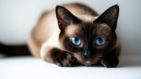 Adorable Burmese Cat with Enchanting Bright Eyes Posing Gracefully on a Spotless White Backgroundの素材