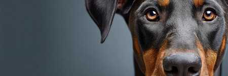 Brown Eyed Doberman Dog with Black and Tan Skin Showcases a Beautiful Face on Gray Backgroundの素材