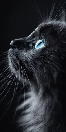 Black Fluffy Cat with Striking Blue Eyes Gazing Elegantly, Capturing Nature s Beauty and Graceの素材