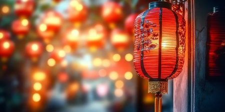 Elegant Red Lanterns Hanging for Traditional Festivities, Symbolizing Joy, Abundance and Celebrationの素材