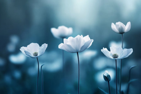 Enchanted Garden Scene with a Serene Display of White Flowers in a Dreamy, Tranquil Landscapeの素材