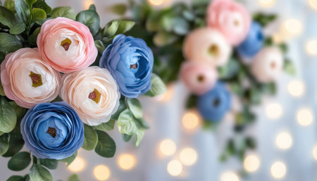 Elegant Floral Arrangement Featuring Soft Pastel Ranunculus Blooms with Dreamy Bokeh Backgroundの素材