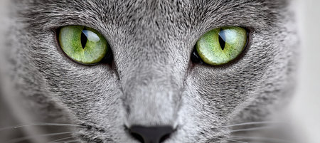 Charming Russian Blue Cat with Mesmerizing Green Eyes Sitting Gracefully on a Soft Blanketの素材