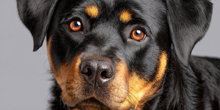 Majestic Rottweiler with Striking Features and Deep, Expressive Eyes on a Soft Neutral Backgroundの素材