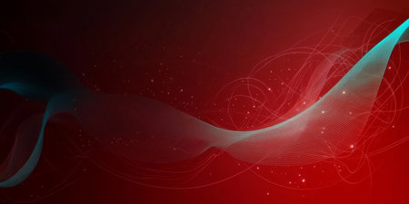 Dynamic Swirling Cyan Light Wave Design on Dark Red Backdrop with Abstract Flowing Lines in Motionの素材