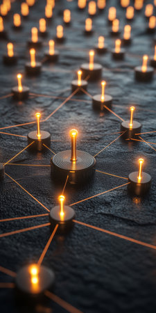 Network of Tealight Candles on Dark Surface, Symbolizing Connections and Communicationの素材