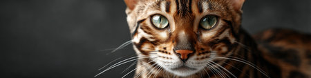 Magnificent Bengal Cat Portrait Stunning Eyes and Charming Demeanor Against a Gray Backgroundの素材