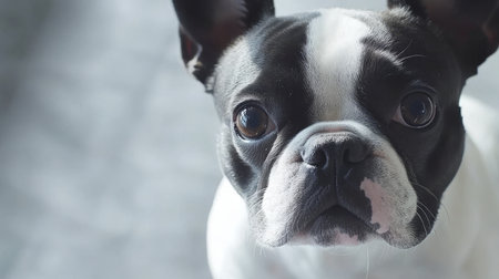 Charming French Bulldog with Adorable Black and White Coat, Sweet Puppy Eyes Gazing Adoringlyの素材
