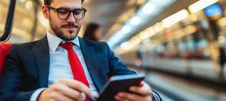Executive in glasses making key decisions while accessing information on a subway train.の素材