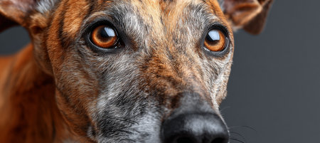Stunning Close Up of a Greyhound Dog with Beautiful Amber Eyes and Gentle Expression in Studioの素材