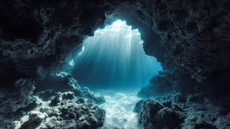 Underwater Paradise Sunlight Streams Through Cavern, Revealing Vibrant Marine Life Belowの素材
