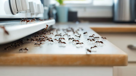 Ants Crawling on Kitchen Countertop in a Messy Home Environment with Open Food Sources and Clutterの素材