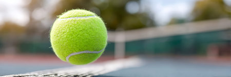 Dynamic tennis ball flying over the net during an intense match on a bright sunny day outdoorsの素材