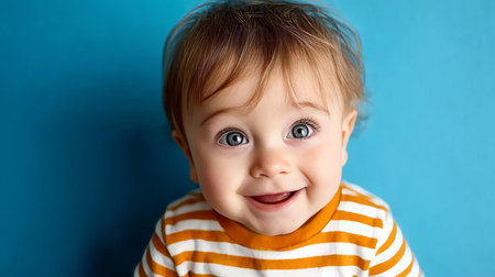 Adorable Baby Boy With Auburn Hair Smiling Cheerfully Against Blue Background in Cute Stripes Outfitの素材