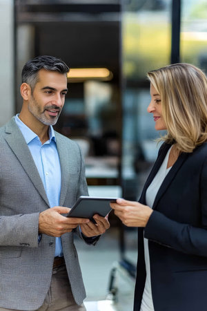 Confident team working together on a project presentation with modern technology tools.の素材