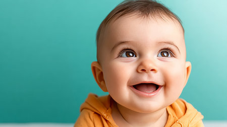 Adorable Baby with Sparkling Eyes and a Candid Smile, Radiating Pure Joy on a Green Backdropの素材