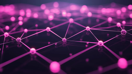 Intricate Network of Shiny Magenta Pink Spheres Connected in a Dynamic Technological System Visualの素材