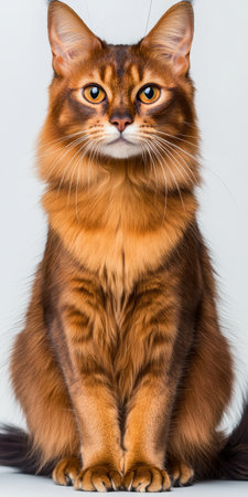 Charming Elegant Somerset Cat with Striking Eyes and Fluffy Tail Posing Gracefully in Studio Lightの素材