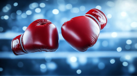 Dynamic Action Shot of Red Leather Boxing Gloves in Mid-Air, Capturing the Thrill of Competitionの素材