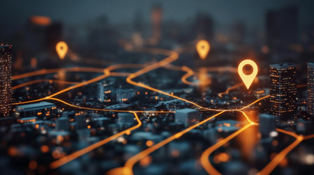 Futuristic Urban Navigation Illuminated Map Pins and Digital Connectivity in Smart Citiesの素材