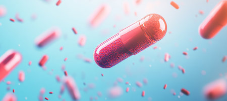 Modern Medicine Illustration with Flying Capsules and Pills Set Against a Healthcare Backgroundの素材