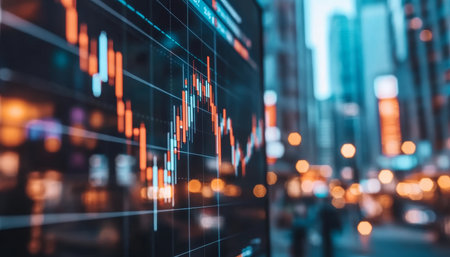 Dynamic Financial Markets Overview Illustrated Through Cityscape Graphics and Candle Stick Chartsの素材