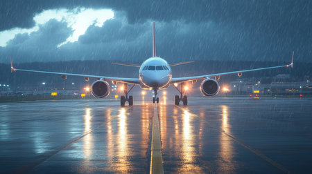 Dramatic Scene of Commercial Airplane Accelerating on Rainy Runway with Thunderstorm in Backgroundの素材