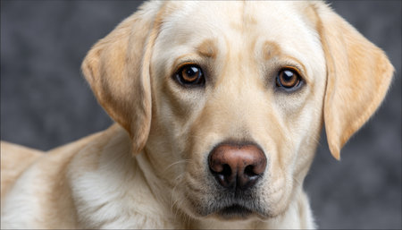 Charming Labrador Retriever with a Gentle Expression and Soft Fur in a Cozy Studio Environmentの素材