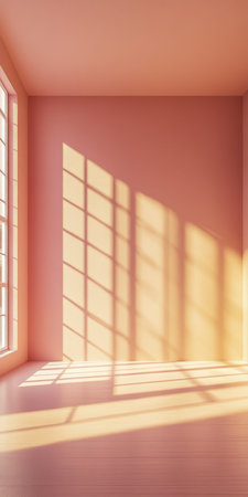 Dreamy Pastel Studio Scene with Sunlit Window Pane Shadows in a Serene Peach Room Interior Designの素材