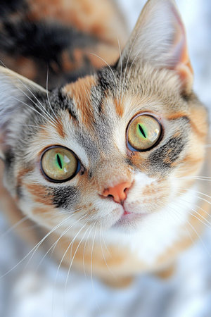 Charming Calico Cat with Beautifully Mesmerizing Eyes Captured in a Cute and Playful Portrait.の素材