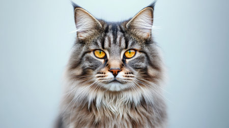 Stunning Maine Coon Cat with Expressive Golden Eyes Posing Elegantly Against a Clean Backgroundの素材