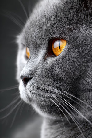 Elegant British Shorthair Cat with Captivating Amber Eyes Posing Gracefully on a Soft Gray Backdropの素材