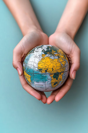 Hands Holding a Globe of Africa A Symbol of Global Environmental Protection and Careの素材