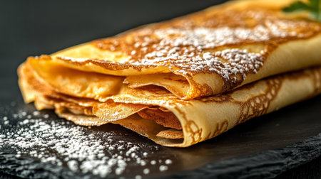 Delicious Stack of Crepes Dusted with Powdered Sugar on a Dark Background, Perfect for Breakfastの素材