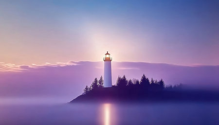 Majestic Lighthouse Illuminating Foggy Seascape at Dawn, Dramatic Clouds and Tranquil Waterscapeの素材
