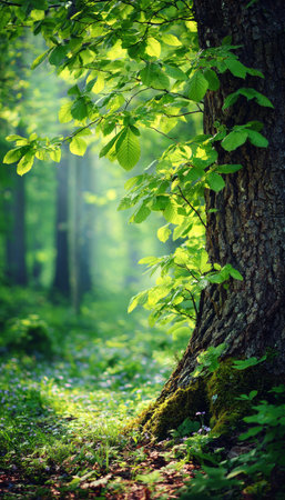 Sunlit Serenity at the Forest Edge A Captivating Spring Scene with Warm Haze and Gentle Lightの素材