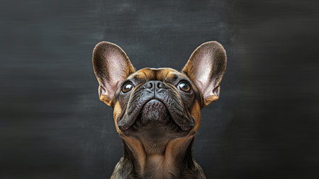Adorable Brown French Bulldog Puppy Gazing Upward with Big Eyes Against Dark Grey Matte Backgroundの素材