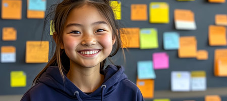 Confident Young Student Smiling in a Bright Classroom Surrounded by Colorful Learning Materialsの素材