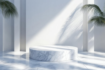 Elegant Stone Podium with Leaf Shadows for Showcasing Beauty or Modern Products in Styleの素材