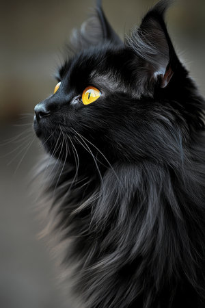 Elegant Black Cat with Striking Yellow Eyes, Calmly Observing Its Cozy Home Environmentの素材