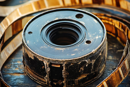 Dark Vintage Reel of Old Film with Circular Focus Frame Texture and Retro Celluloid Developmentの素材