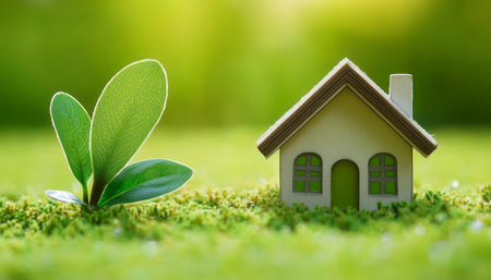 Sustainable Home Concept Miniature House and Young Plants Representing Eco-Friendly Livingの素材