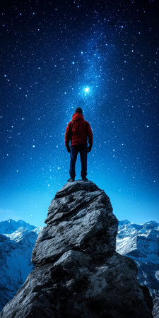 A solitary male figure stands atop a rocky peak, gazing at a breathtaking starlit night skyの素材