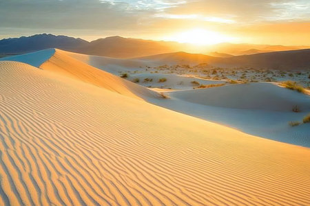 Golden Hour in the Desert Majestic Sand Dunes Under Warm Sunlight, Nature s Arid Beauty Capturedの素材