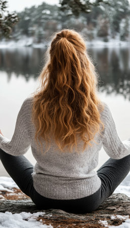 A Woman Meditating Peacefully by a Serene Lake, Surrounded by Magical Winter Landscape Beautyの素材